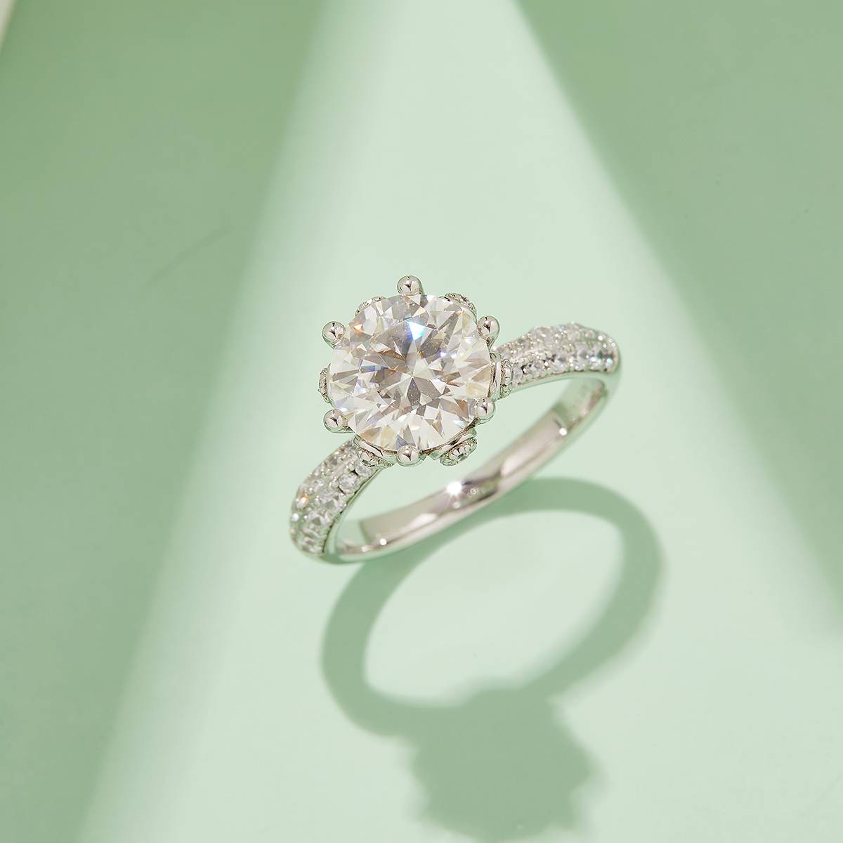 Straight arm luxury floral god S925 silver plated white gold moissanite diamond women's ring 3.0 carats D-class